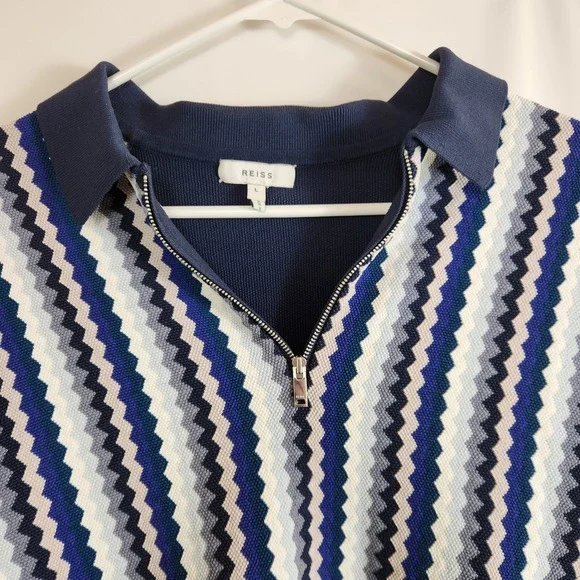 REISS Mens Blanco 1/2 Zip Knit Polo Shirt Blue Geo Print Zig Zag Top Size Large - Picture 7 of 7